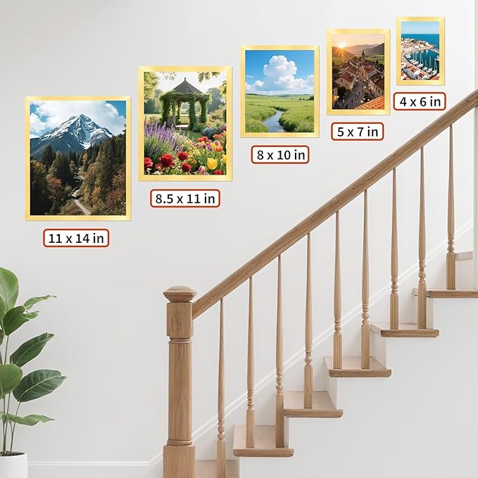 8.5x11 Picture Frame Set of 8, Gold Photo Frames for Gallery Wall Mounting, Display Pictures 6x8 with Mat or 8.5 by 11 Without, Certificate Frame with Plexiglass for Home Office Wall Decor