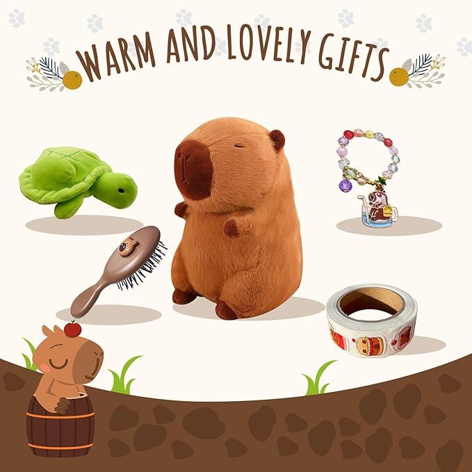 Capybara Gifts Box,Cute Capybara Plush Toys with Stuffed Animal/Keychain/Bag/Bath Towel/Hair Pins/Bracelet/Headband, Christmas Birthday Gift Set for Girls 4 5 6 7 8 9 10+ Years Old