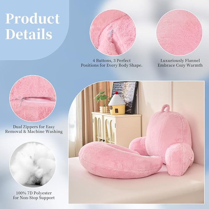 19" Reading Pillow for Bed,U Shaped Arm & Elbow Support,Pink Faux Fur | Backrest Supports Back,U Shaped Lap Pillow Cushions Arms,Elbows & Wrists,Plush Faux Fur for Reading,Gaming,Watching TV