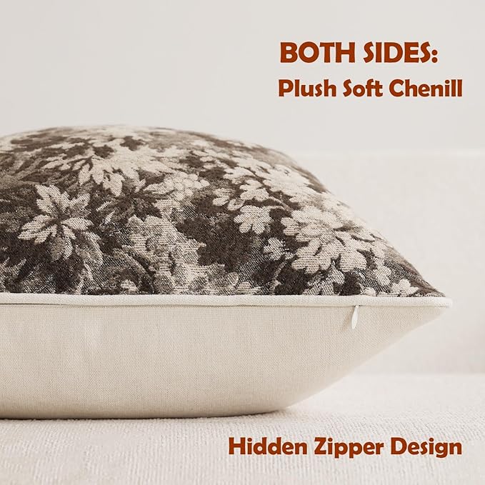 DEZENE Pack of 2 Vintage Floral Euro Sham Covers 24x24 Boho Farmhouse Accents Chenille Square Decorative Throw Pillow Cases for Living Room Couch Bed Home Decor, Grey