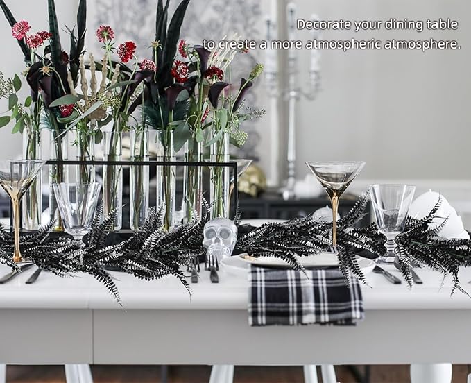 RECUTMS 2pcs Black Garland Artificial Boston Palnts 6 FT Fern Garland Faux Hanging Greenery Halloween Wreath for Outdoor Indoor Halloween Decor (Black+White)