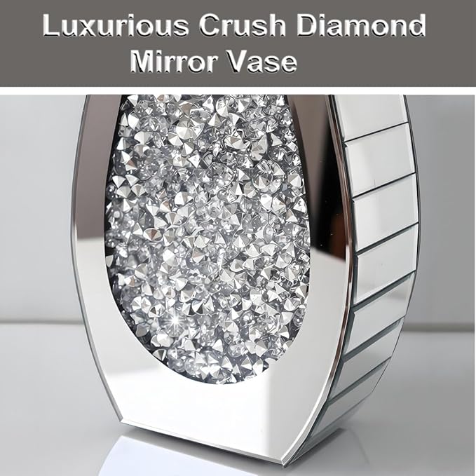 ALLARTONLY Flower Vase Crushed Diamond Mirrored Vase Crystal Silver Glass Decorative Mirror Vase Large Size Luxury for Home Decor. Arc-Shaped Thickened. Can’t Hold Water.