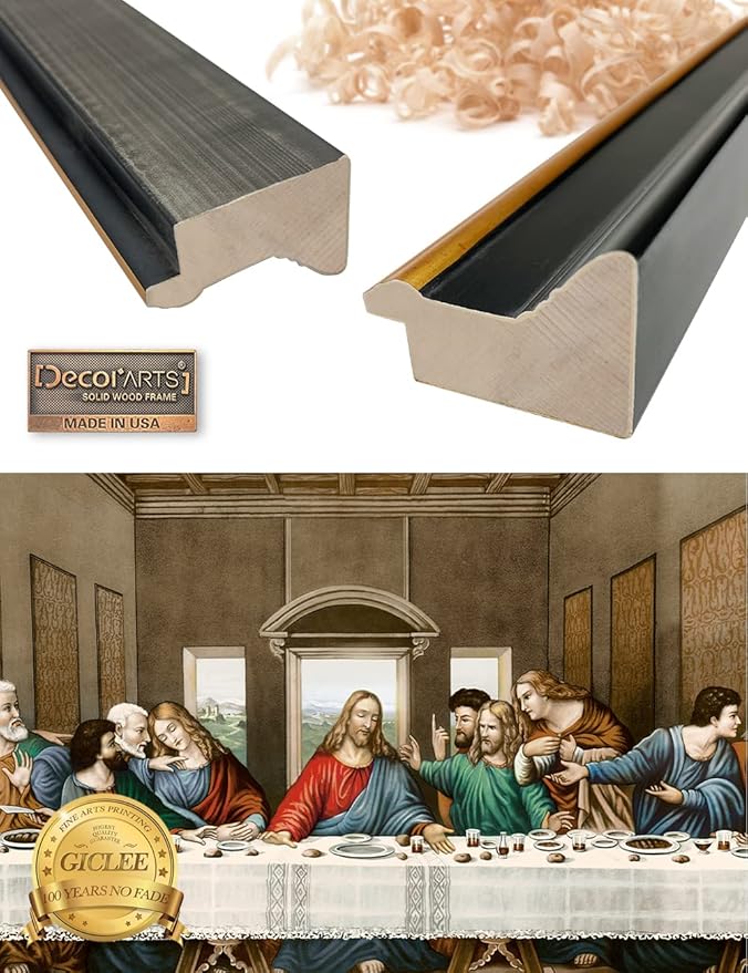 DECORARTS - The Last Supper by Leonardo Da Vinci Giclee Reproducation, Giclee Prints Acid Free Cotton Canvas with Matching Black Gold Solid Wooden Frame. Total Framed Size: 27" W x 15" H