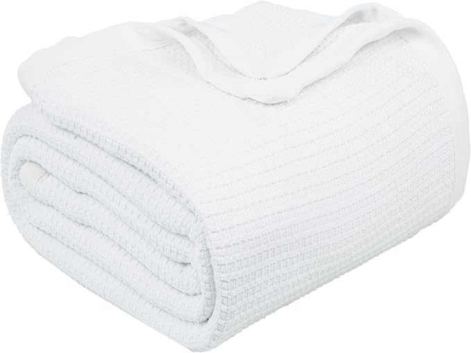 TreeWool Premium 100% Cotton Waffle Queen Blanket (90"x90", White) | Breathable Lightweight Moisture Wicking Soft Knit Thermal Blanket for Summer, Bed or Sofa All-season Comfort Machine Washable