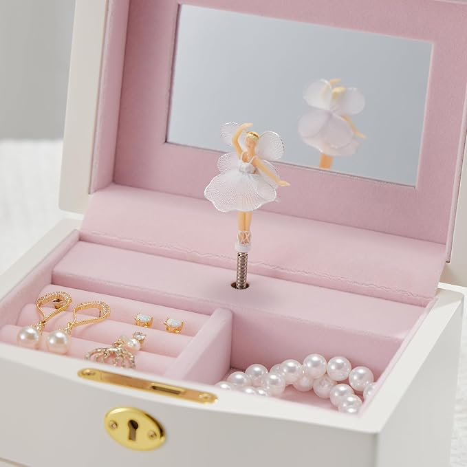 Ballerina Musical Jewelry Box with Mirror for girls，Kid's Jewelry Storage Music Chest (White-L)