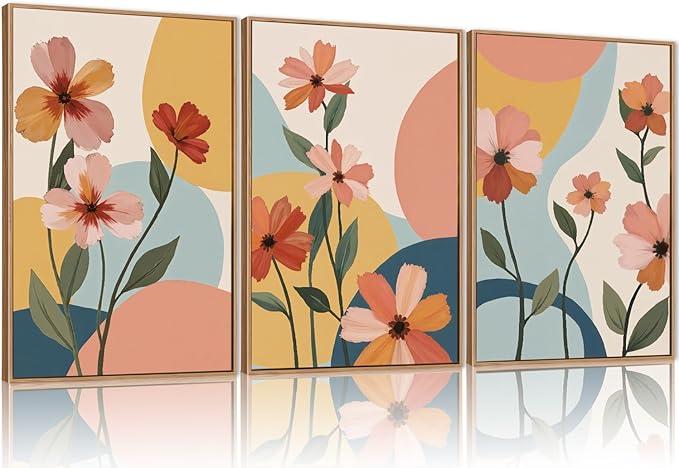 FWIEXA Boho Floral Canvas Wall Art,Nursery Flower Pictures Wall Decor,Modern Orange Flowers Wall Art,Abstract Plant Botanical Art Print,Wildflower Bohemian Artwork for Bedroom Rustic Farmhouse 16x24''x3