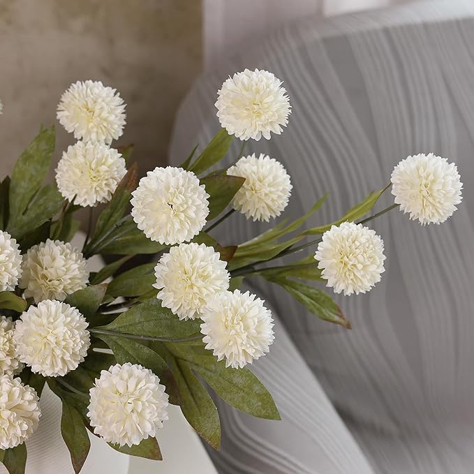 VIERENA 6 Pcs Faux Silk Pompon Mum Artificial Flowers for Vase -27", Bulk Fake Chrysanth Branches with Stems for DIY Bouquet Centerpieces Wedding Fillers Arrangements Shower Decorations (Cream)