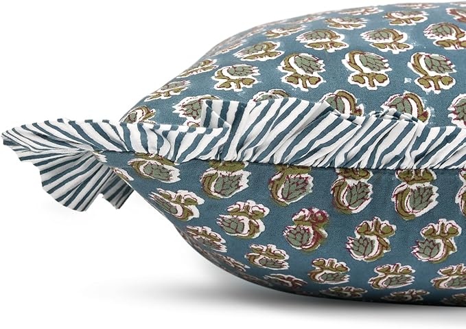 Ridhi Block Print Peacock Blue Throw Pillow Cover 20" x 20" (Pack of 2) Decorative Cushion Covers with Ruffle for Couch, Sofa, Bed, Living Room, Home Decor Gift for Spring, Easter, Valentine