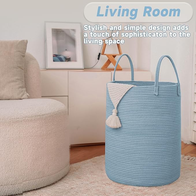 JMvicyroam Large Woven Laundry Basket Hamper,80L Cotton Rope Storage Bin for Blankets,Toys and Clothes,Decorative Tall Nursery Hamper for Living Room,Baby Nursery,Bathroom and Bedroom,Blue