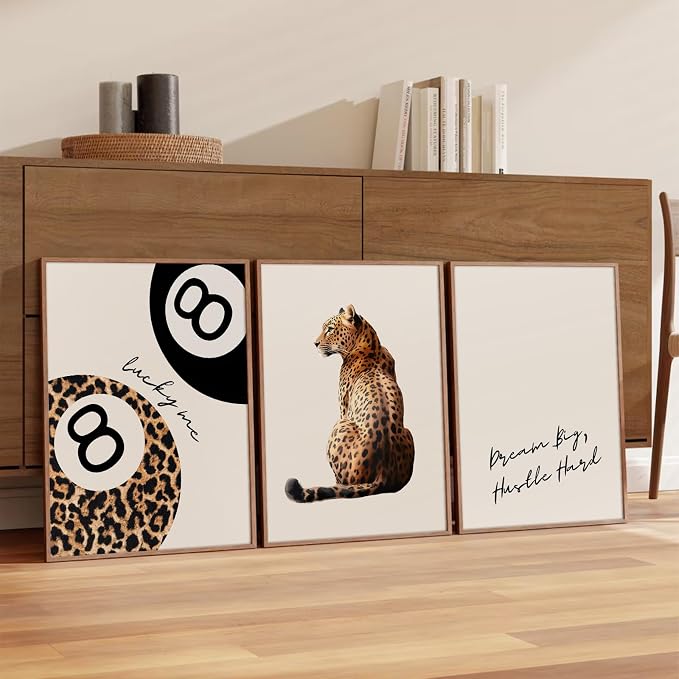 Leopard Wall Art Cheetah Canvas Prints Lucky 8 Ball Wall Decor Aesthetic Poster Fashion Leopard Pictures Trendy Lucky Me Painting Preppy Artwork for Living Room Bedroom 16x24 Inch Unframed Set of 3