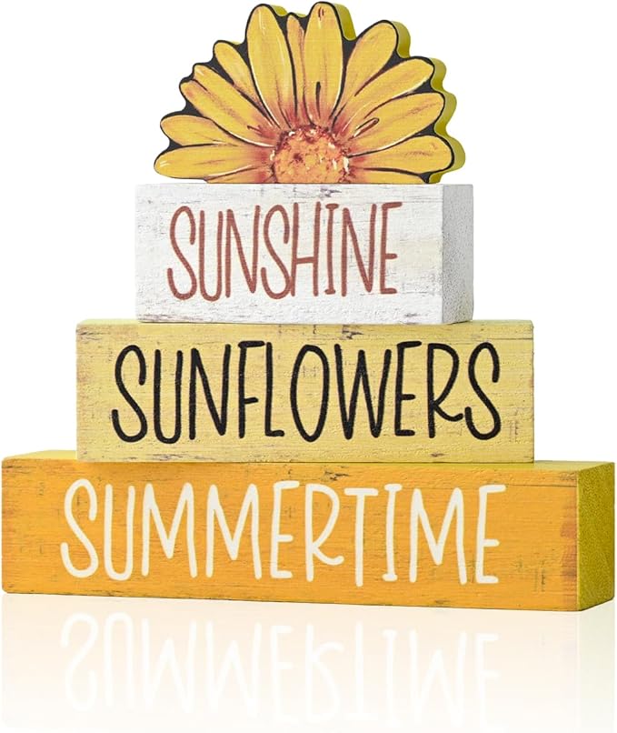 Smile 4 Pcs Summer Indoor Wooden Decor, Sunshine Sunflower Summertime Tiered Tray Farmhouse Table Decoration for Home and Office