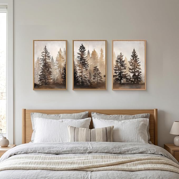HPNIUB Foggy Forest Framed Wall Art Set, Abstract Misty Woodland Wall Decor,Rustic Neutral Pine Tree Farmhouse Art Print,Modern Nature Landscape Artwork for Living Room, Bedroom,Office-16''x24''x3