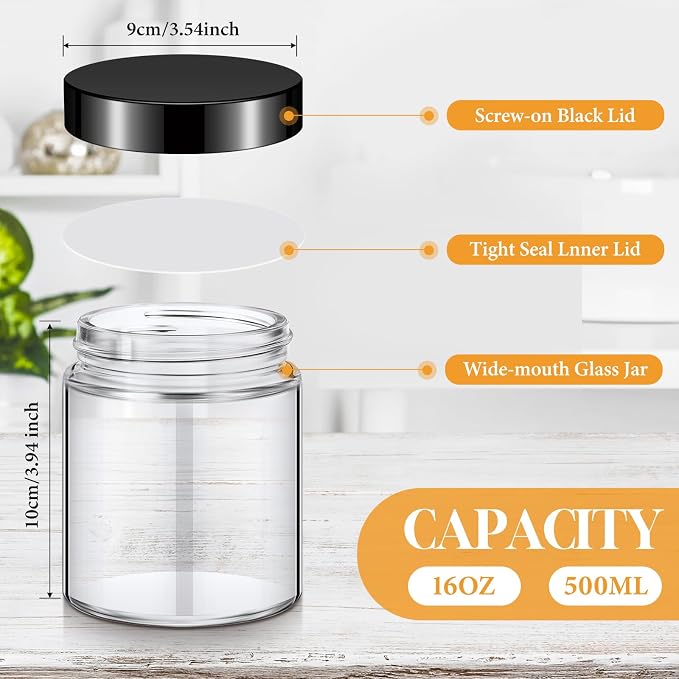 Norme 24 Pieces 16 oz Glass Jars with Lids Empty Storage Containers Leakproof Round Cosmetic Jars for Storing Lotions Powder Ointments Making(Transparent)