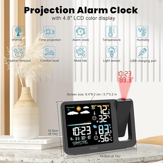 uzoli Projection Alarm Clock Weather Station, WWVB Atomic Projector Clock with Sensor, Adjustable Backlight, Indoor Outdoor Temperature Humidity, Digital Projection Clock for Bedroom Ceiling