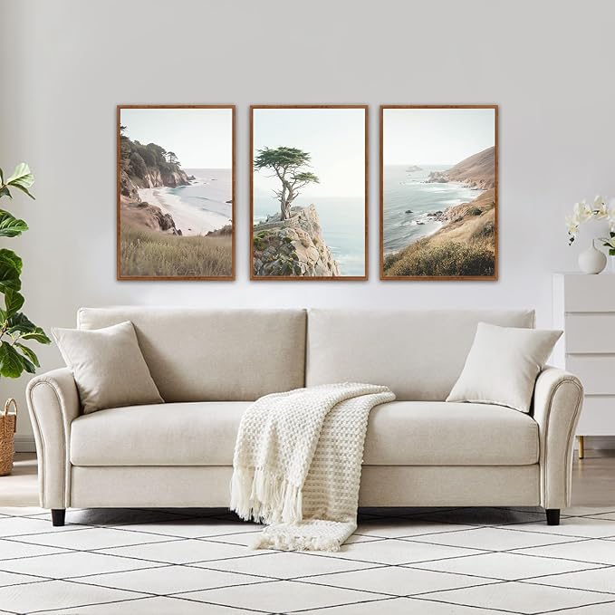 LHIUEM Coastal Seascape Framed Canvas Wall Art,Modern Beach Wall Decor,Neutral Pine Tree Painting,Natural Ocean Artwork for Living Room,Bedroom,Dining Room -24"x36"x3