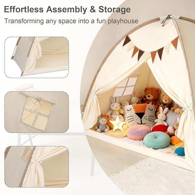 Redants Twin Bed Tent Canopy, Indoor Blackout Privacy Toddler Bed Tent for Kids with Light, Portable Sleeping Floor Kids Playhouse (Cream, Twin Size)