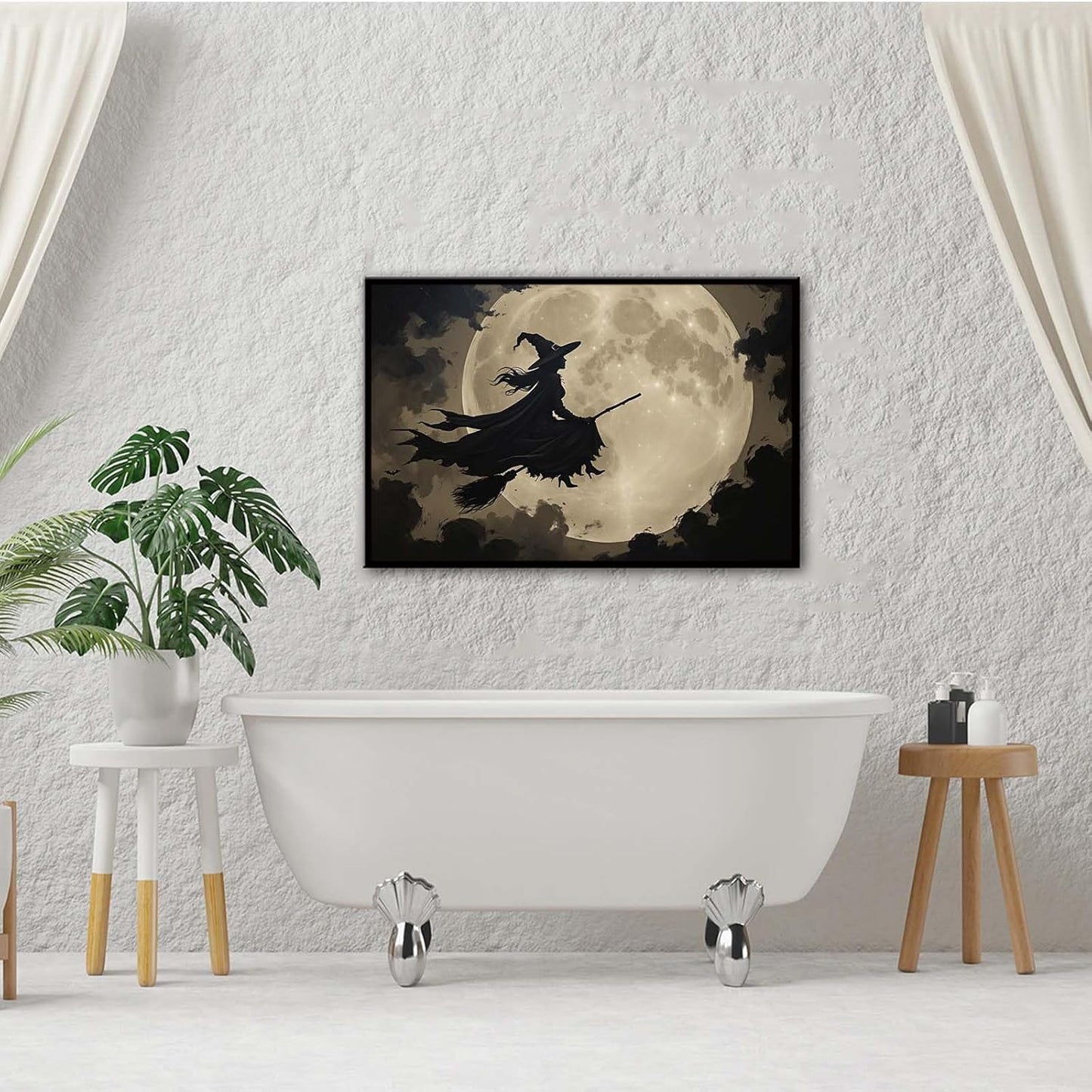 JFHCQJPK Full moon witch silhouette poster witch on magic broom Halloween mural poster decorative mural art suitable for home living room bedroom12x16in Metal blackFramed