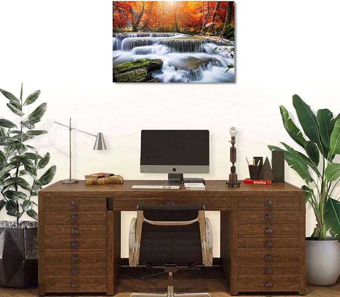 Waterfall Wall Art Nature Forest Mountain Landscape Wall Decor Bathroom Tropical Red Maple Leaves Canvas Prints Living Room Rustic Sunshine Scenery Artwork for Kitchen Office Bedroom Decoration 20x30"