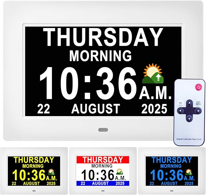 MASSII 𝗨𝗽𝗴𝗿𝗮𝗱𝗲𝗱 Dementia Clock 27 Alarms with Auto DST, DIY Custom Reminders,10 Auto-Dim Options, Non-Abbreviated Digital Clock for Elderly, Memory Battery Included (7 Inch with Remote)