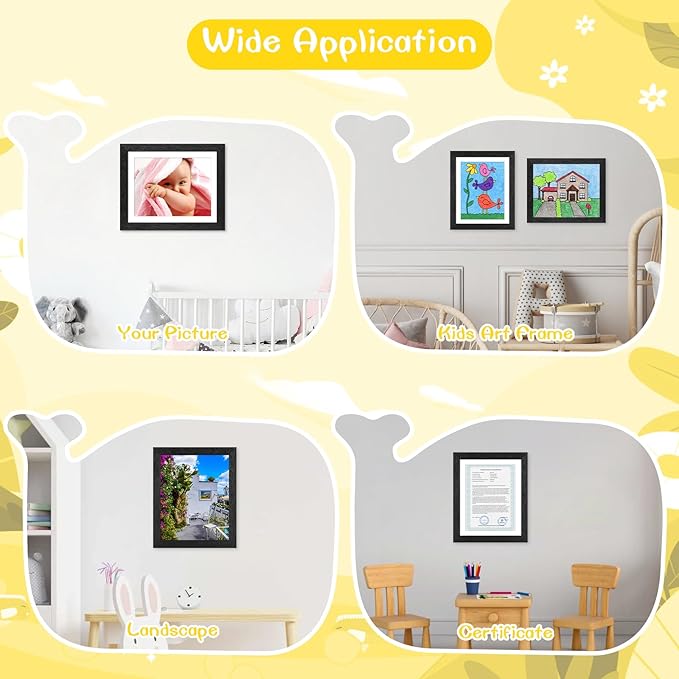 3-Pack Black Woodgrain Kids Art Frames - 10x12.5 with Mat, 8.5x11 Without Mat, Changeable Front Opening, Holds Drawings, Crafts, Artwork