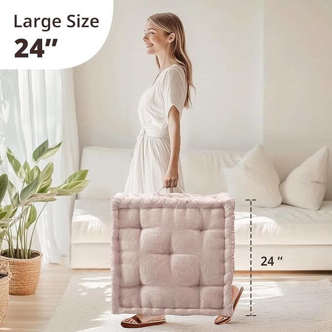 Intelligent Design Azza Floor Pillow, Large Cushions Sitting for Adults, Floor Pillow for Meditation or Yoga, Lustrous Chenille Tufted with Scalloped Edges for Bench/Chair Cushion, 24"x24"x5" Blush