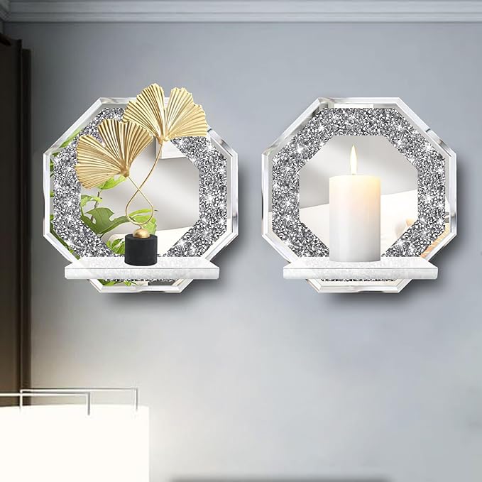 ZOLAPI Crystal Crush Diamond Wall Candle Holder Set of 2, Octagon Silver Mirrored Candle Sconces, Home Wall Decoration for Living Room, Dining Room & Bedroom.