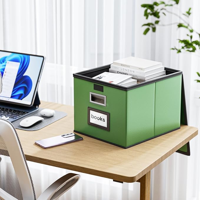 File Organizer Box with Lid, Collapsible Faux Leather Document Organizer, Hanging File Folder Box with Plastic Slide, Decorative Filing Boxes Cabinet for File and Folders Storage(Green)