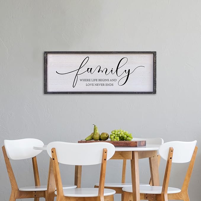 Surfapans Family Where Life Begins Love Never Ends Wall Decor 40"x15" Living Room Hallway Entryway Vintage Large Farmhouse Inspirational Quotes Motto Sign Wood Framed Hanging Home Wall Art (Black)