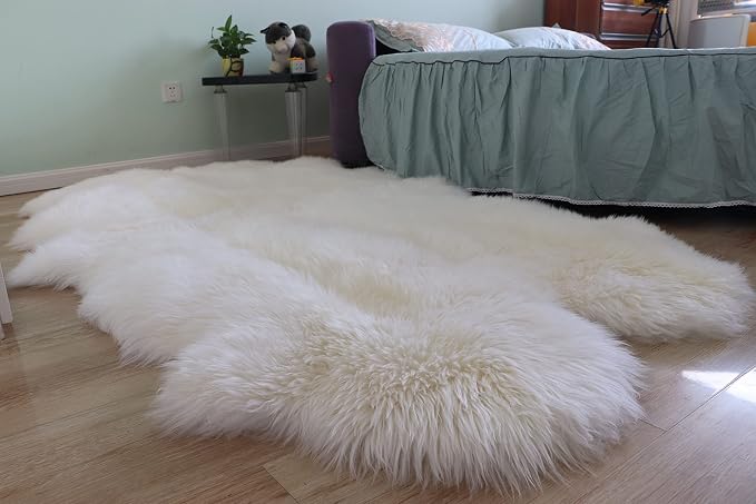 Woolous Sheepskin Rug 4x6 ft, Large Genuine Lambskin Quad Pelt Ivory-White | Genuine New Zealand lambskin quad pelt with fluffy wool. Ideal as sheep skin area rug, fur throw, nursery or bedroom decor.