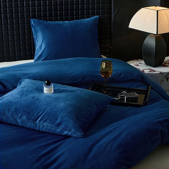 WARMDERN Navy Blue Flannel Velvet Duvet Cover King Size Duvet Cover Bedding Sets, 3pcs Ultra Soft Luxury Textured Modern Crystal Velvet Duvet Covers with Zipper Closure(Navy Blue, King)