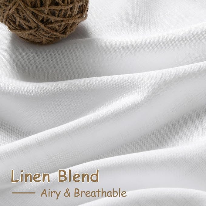 Nanspring White Linen Curtains 50 x 96 inches Long Living Room Back Tab Rod Pocket Semi Sheer Curtain Boho Modern Privacy Light Filtering Thick Linen Drapes for Bedroom, White, Set of 2 Panels