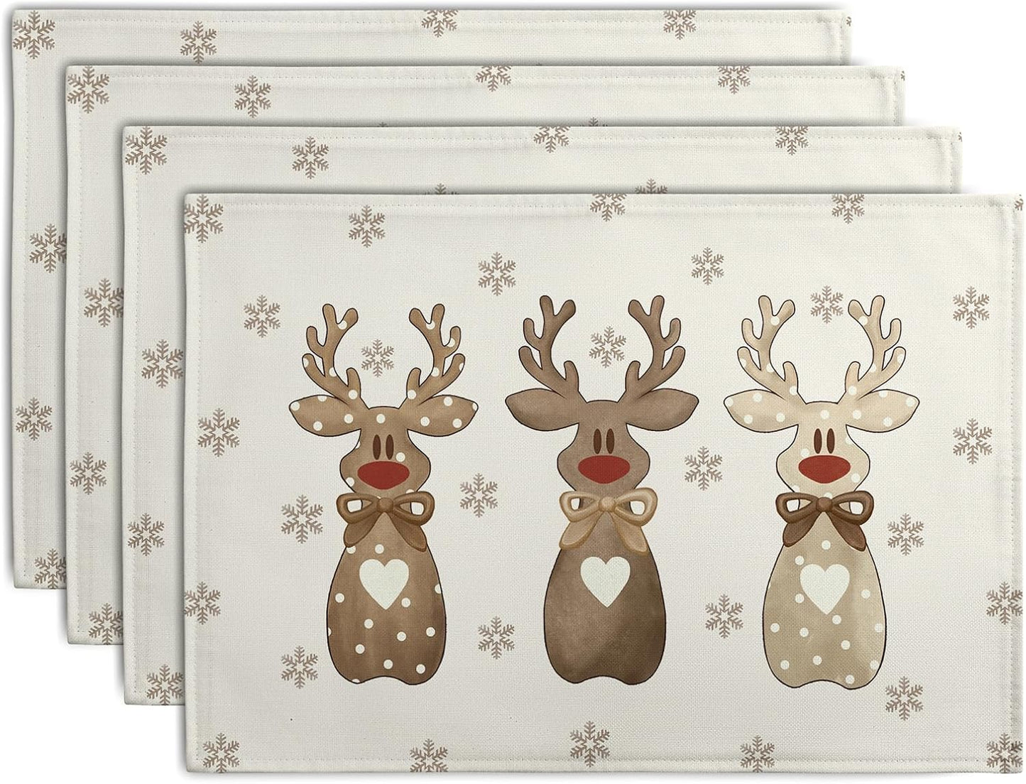 Christmas Reindeer Snowflakes Placemats Set of 4 Xmas Cute Elk Deer Place Mats 12x18 Seasonal Winter Holiday Farmhouse Linen Table Mats for Party Kitchen Dining Outdoor Indoor Decor