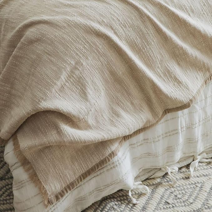 Calm Tranquil Oatmeal Weave Throw Blanket 55x80, Neutral Beige 100% Cotton Decorative Sofa and Bed Blanket, Lightweight All-Season Throw, Handwoven in India, OEKO-TEX Certified, Sofa Accent