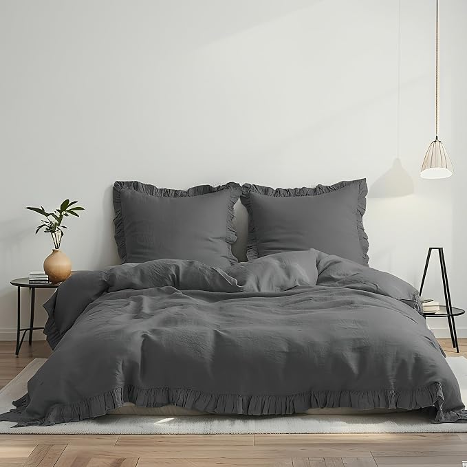 Simple&Opulence 100% Linen Duvet Cover Set, 3 PCS Natural French Flax Dark Grey Ruffle Duvet Cover King Size, Breathable Comfy Linen Bedding Comforter Cover with 2 Pillowcases (Dark Grey, 104" X 92")