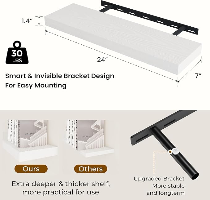 Dreamland 24Inch White Floating Shelves 6.7" Deep Wall Mounted Set of 2 | Wall shelves for bathroom, bedroom, kitchen, deep wall mount wood storage display for home decor 24" x 6.7"