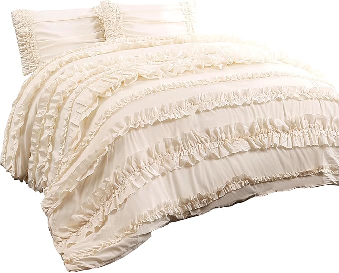 Lush Decor C07815P13 Belle Ivory Comforter (96 x 92 inches) Ruffled Shabby Chic 4 Piece Set with Bed Skirt(80 x 60 inches with a 14. 5 inch drop). and 2 Pillow Shams(20 x 26 inches), Full/Queen