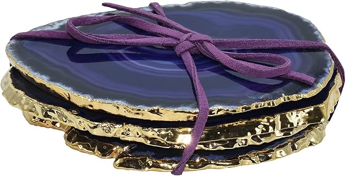 Nature's Decorations Purple Gold Rimmed Agate Stone Coasters - Set of 4, Polished Geode Drink Mats for Dining & Coffee Table & Kitchen Geode Decor Non-Toxic 3.5-4" Diameter