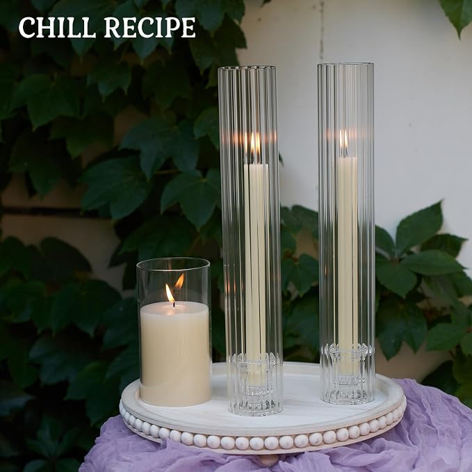 CHILL RECIPE Hurricane Glass Candle Holders-Set of 6 Tall Taper Candle Holder with 12” Tall Clear Cylinder Covers for Wedding Table Centerpiece Home Decor (Floral Base+Ribbed Chimney)