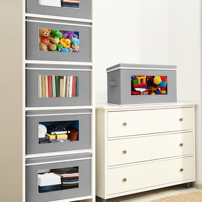 Threehoney 10 Pcs Fabric Storage Cubes with Lids and Clear Windows 17x12 Inch Foldable Closet Organizer Bins Aesthetic Dark Gray Storage Bins for Shelves Dorm Essentials Craft & Office Organization