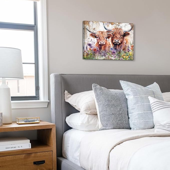 Farmhouse Highland Cow Wall Art Rustic Cow Floral Pictures Wall Decor Western Country Cattle Canvas Print Bathroom Painting Watercolor Animal Wildflower Artwork Kitchen Living Room Nursery Home