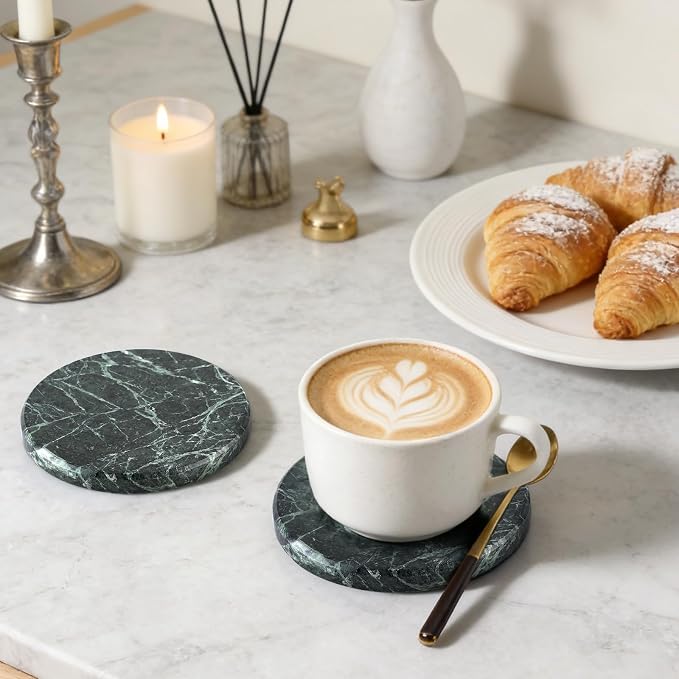 Marble Coasters Set of 6 Green - 4" Round Stone Coasters for Drinks - Luxury Marble Coasters for Coffee Table - Elegant Heat Tolerant Table Decor for Home, Office, Dining, Ideal Housewarming Gift
