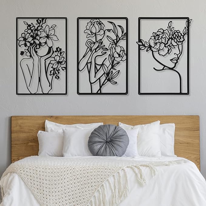 CHENGU 3 Pieces Metal Minimalist Abstract Woman Wall Art Line Drawing Wall Art Decor Single Line Female Home Hanging for Kitchen Bathroom Living Room