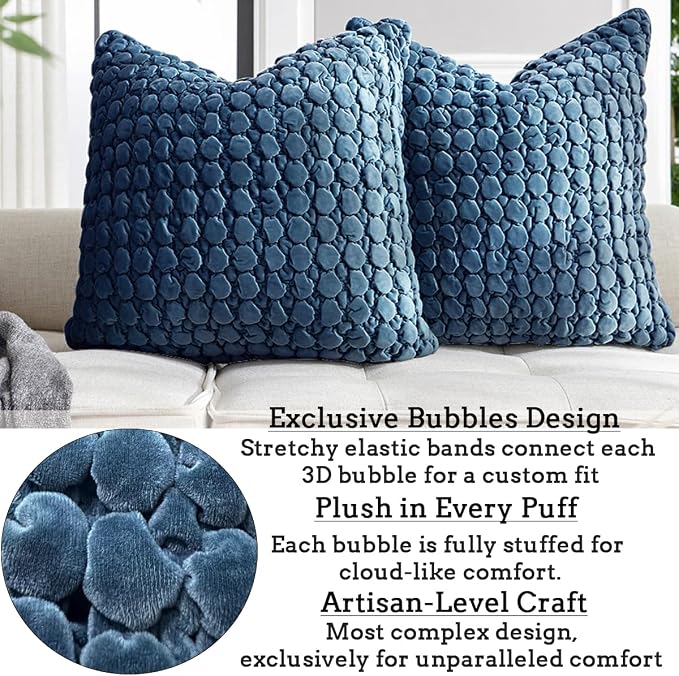 Pillow Cover 24x24 1 Piece Velvet Euro Sham Decorative Farmhouse Pillowcase Boho Square Cushion Covers Soft Bubble Texture for Couch Sofa Bed Bedroom Car Living Room，Blue