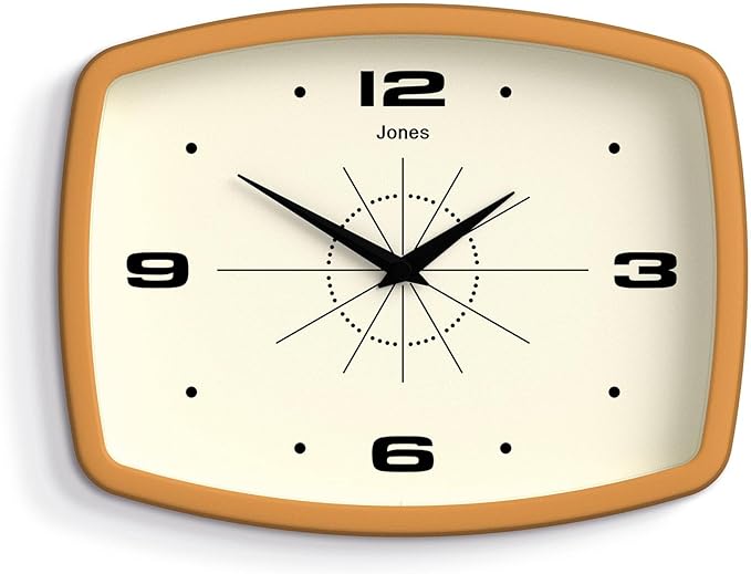 JONES CLOCKS® Movie wall Clock | Retro Rectangular Clock | 10 inch | Mustard Yellow | Cool mid-Century Designer Look for Kitchen, Living Room or Office