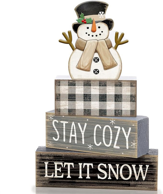 Yuntau 4 Pcs Winter Table Decorations Wooden Snowman Winter Tiered Tray Decor Rustic Block Signs Gift Farmhouse Christmas Centerpiece for Tables Party Kitchen Shelf Home