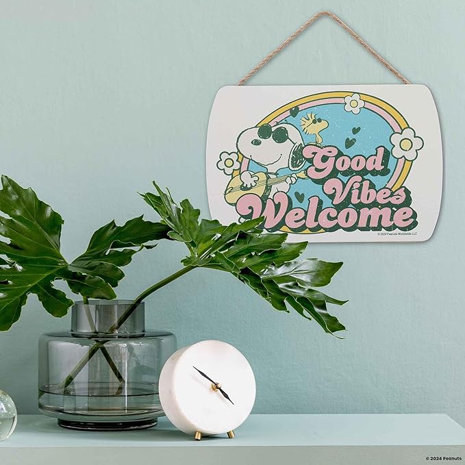 Peanuts Snoopy Good Vibes Welcome Hanging Wood Wall Decor - Fun Snoopy Sign for Home, School or Office
