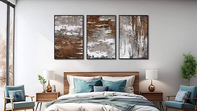 Large Framed Canvas Wall Art - Rustic Brown and White Abstract Pictures for Living Room Aesthetic Vintage Wall Decor Retro Prints for Bedroom Dinning Room Black Float Framed 24" X 36" X 3 pcs