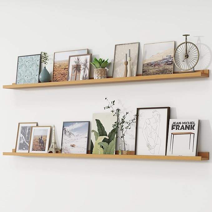 Picture Ledge Shelf, Floating Shelves Set of 2, 72 Inches Long Large Nursery Book Shelves for Toys Storage, Kids Bookshelf Wall Mounted for Living Room Bedroom Decor Books Photo Frames, Natural Oak