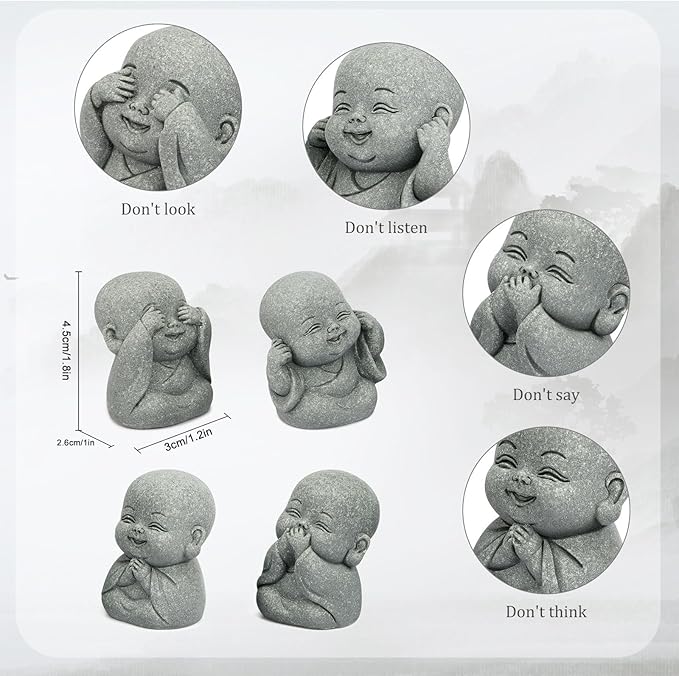 4Pcs Baby Buddha Statue Set, 2 Inch Mini Zen Monk, Sandstone Buddha for Desk Decor, Laughing Buddha for Good Luck, Car Dashboard, Home & Living Room Decor with Blessing Amulet