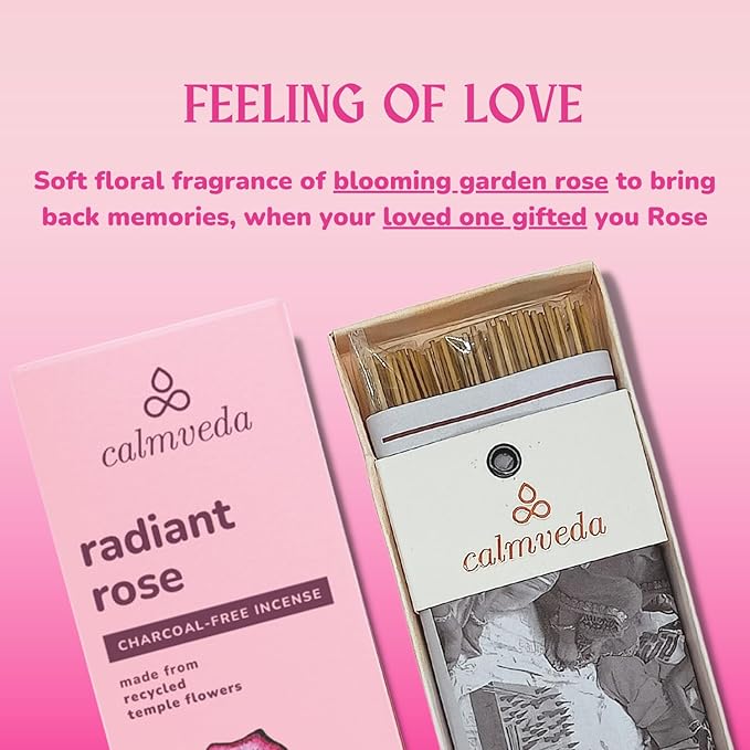 Calmveda Rose Incense Sticks, 80 Sticks - Charcoal Free, Handmade by Indian Artisans, Perfect Housewarming Gift, Promotes Love & Care